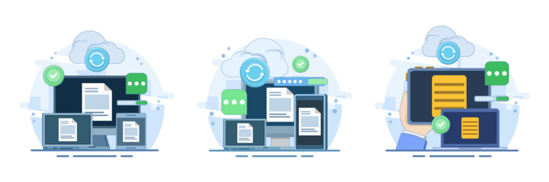 Cloud storage set featuring secure server hosting, data uploads, online file storage and cloud computing icons for digital backup and information management