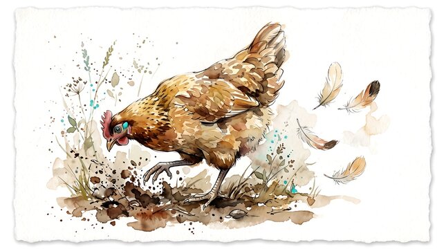 Hen Scratching at the Ground Watercolor