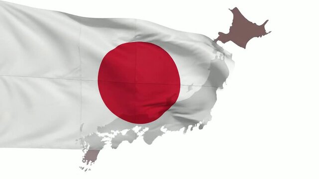 Japanese flag waving over map of japan silhouette, motion for national identity, business, and travel projects