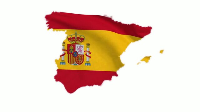 Waving spain flag map animation: national identity and patriotic concept isolated on white spanish country