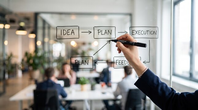 Business strategy planning workflow diagram drawn on glass wall in modern office, showing idea, plan, execution and feedback loop for project management success.