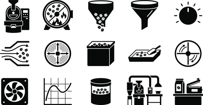Set of black and white coffee processing and manufacturing icons showing various stages of bean production