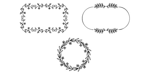 Fototapeta premium Hand drawn botanical wreath and floral frame set with vintage style leaves and flourishes for design