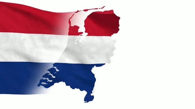 Netherlands flag map animation, waving dutch national banner inside country border silhouette, isolated on white background, for motion
