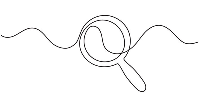 Magnifying glass continuous line art, single line search tool, discovery finding concept, editable stroke outline vector