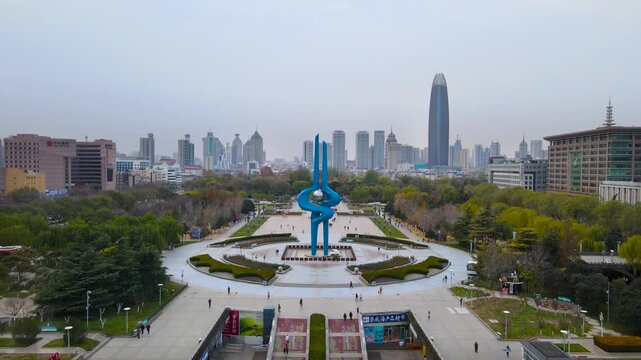 Aerial View of Quancheng Square and Jinan City Skyline in China in Quancheng Square, Jinan, China