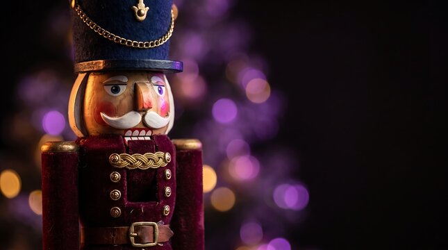 Decorative wooden nutcracker soldier with a festive winter background
