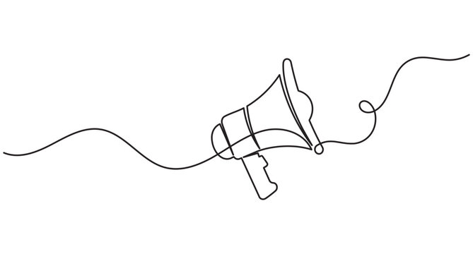 Megaphone continuous line art, single line marketing announcement, promotion message concept, editable stroke outline vector