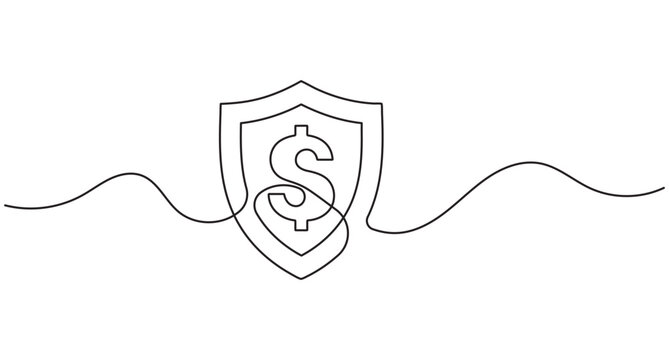 Shield dollar continuous line art, single line financial security, money protection concept, editable stroke outline vector