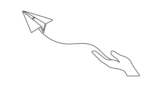 Paper plane launch continuous line art, uplifting flight concept, hand gesture support, editable stroke vector illustration