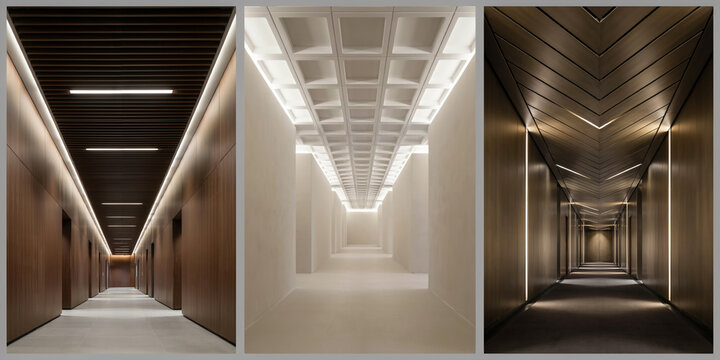 Three distinct hallway perspectives featuring wood paneling, coffered ceilings, and linear