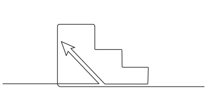 Stairs arrow up continuous line art, single line upward progress, career success concept, editable stroke outline vector