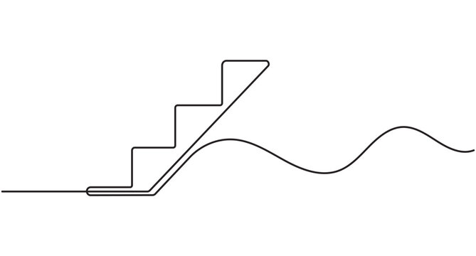 Stairs continuous line art, single line step up, career success concept, editable stroke outline vector