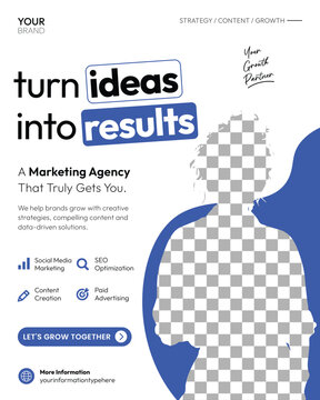Modern marketing agency flyer featuring ideas, results, creative strategy, content creation, SEO, social media marketing and growth services with bold blue accents.