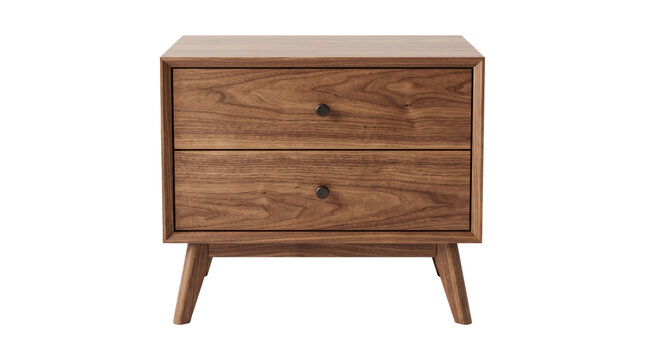 Mid Century Wooden Nightstand With Two Drawers.