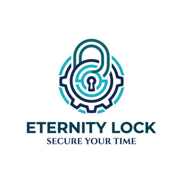 A modern lock and gear logo symbolizing security and reliability, perfect for businesses focused on security solutions or time-saving services in their branding efforts.