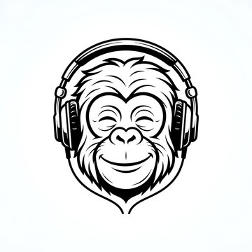 Black and white monkey head illustration wearing modern stereo headphones listening to music