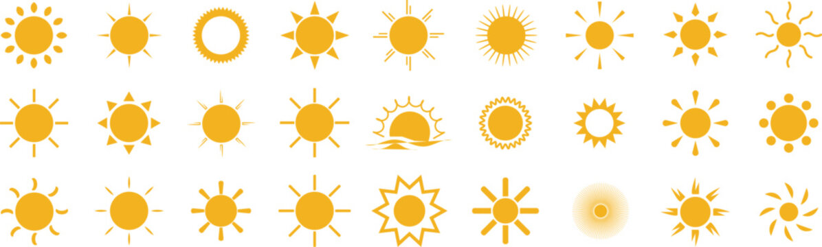 Collection of yellow sun icons with diverse ray designs perfect for weather apps summer graphics and vector illustrations in digital design projects