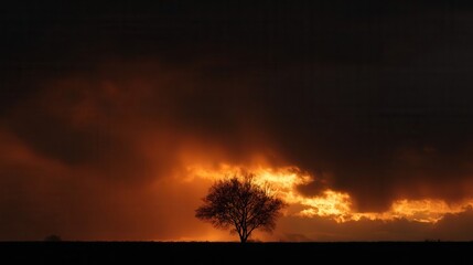 Fototapeta premium A lone tree silhouetted against a dramatic fiery sunset.