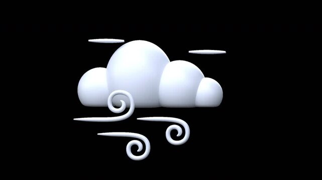 A 3D animated white cloud with wind swirls in a seamless loop with alpha channel. Ideal for stylized weather forecasts and app UI design on a transparent background.