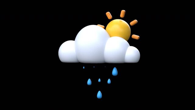 A seamless loop of a 3D stylized cloud with falling raindrops and a shining sun, rendered with alpha channel for easy overlay on weather forecasts or apps.