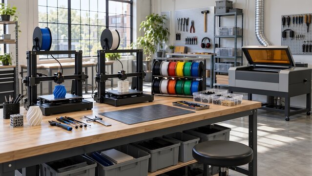 Makerspace workbench with 3D printers filament and hand tools