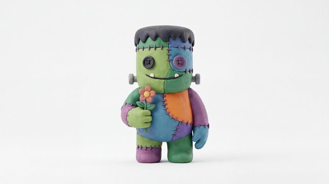 Cute clay stitched monster holding flower on white background