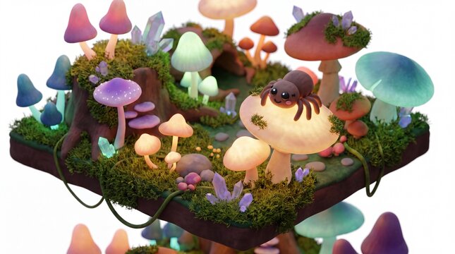 Cute fantasy mushroom island diorama with glowing magical fungi