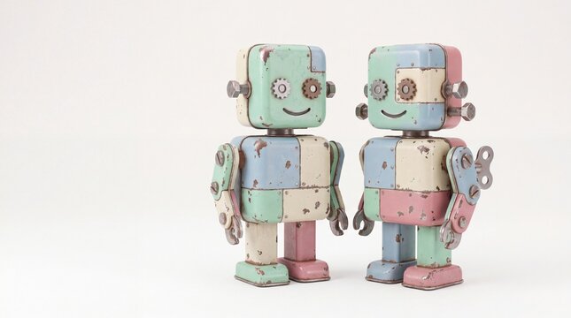 Two retro pastel tin toy robots with copy space