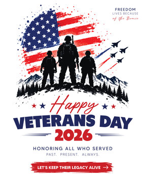 Happy Veterans Day 2026 patriotic poster featuring three soldiers, American flag, fighter jets, mountain landscape and bold red white blue artwork. Concept of military honor, freedom and bravery