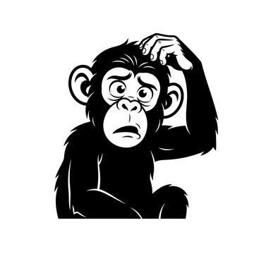 Cartoon illustration of a confused little chimpanzee scratching its head isolated on a white background