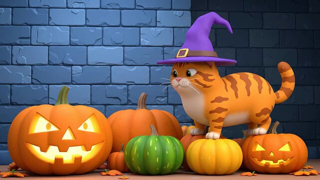 An adorable orange tabby cat wearing a purple witch hat, standing among glowing jack-o-lantern pumpkins in front of a brick wall for a cute Halloween greeting video background animation.