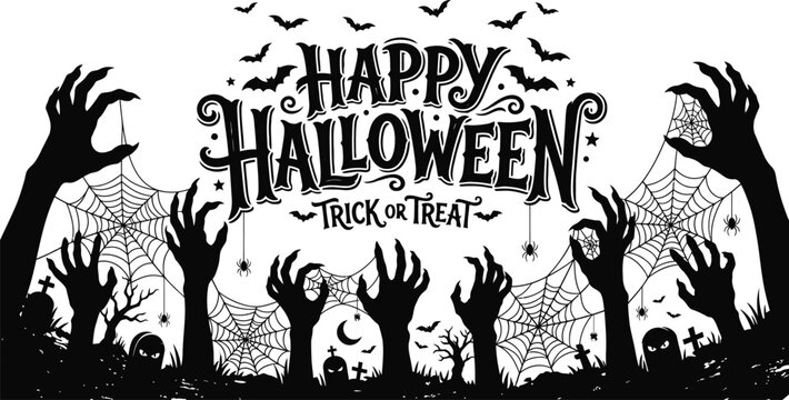 Happy Halloween trick or treat typography banner with zombie hands silhouette, bats, and spider webs