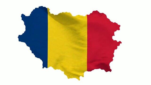 Romania flag map animation: waving national emblem isolated on white background, for patriotic presentations, and geographic projects