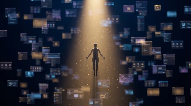 Digital Wellbeing and Burnout Recovery, Digital exploration with a figure illuminated amidst floating data screens.