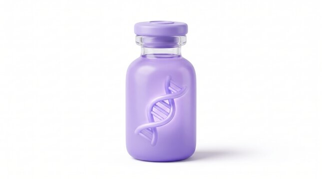 Purple medical vial with a dna symbol for genetic research and medicine