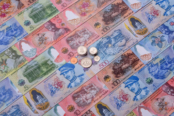 Brunei paper money, dollar banknotes and sen coins as currency for exchange or travel. Brunei money © chernikovatv