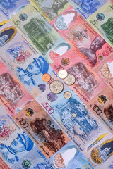 Brunei paper money, dollar banknotes and sen coins as currency for exchange or travel. Brunei money © chernikovatv