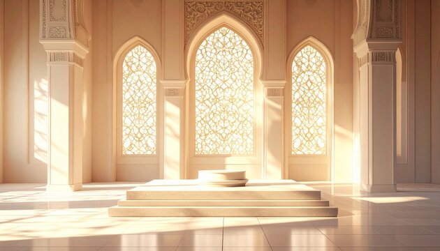 Sunlight streams through ornate arched windows inside a traditional mosque interior.