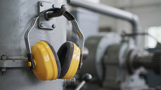 Protective earmuffs hanging on industrial machinery inside manufacturing factory workshop environment.