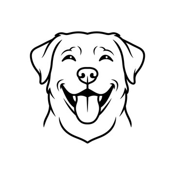 Black and white line art vector illustration of a happy smiling labrador retriever dog face