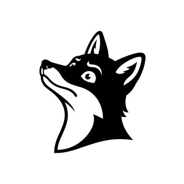 Black and white minimalist vector illustration of a clever fox head profile