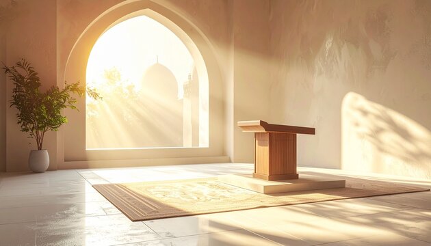 A wooden lectern stands in a sunlit room featuring an arched window with warm lighting.