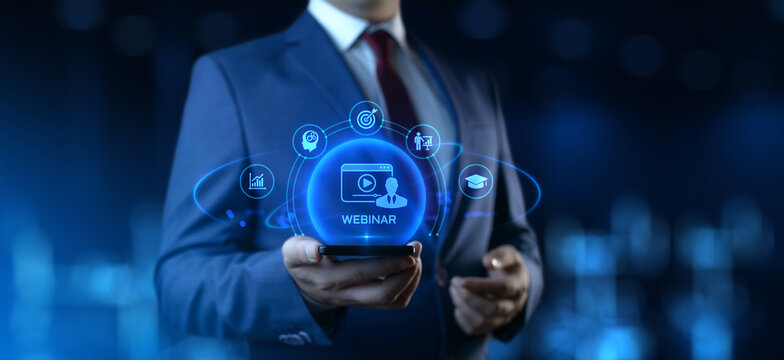 Businessman Holding Smartphone with Webinar Icons on Screen. E-learning and Education Concept