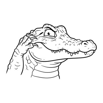 Cartoon alligator character scratching his head in a thoughtful manner black and white line art vector illustration