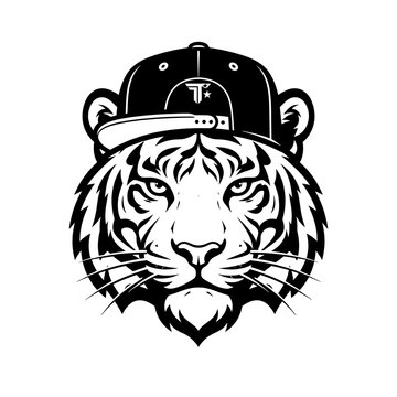 Cool tiger head mascot illustration wearing a trendy baseball cap for sports team logos and graphic design projects