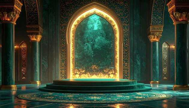 A glowing arched doorway stands in a dark room with ornate golden trim and green light.