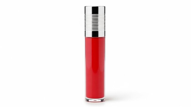 A shiny red liquid lipstick in a clear glass tube with a metallic silver cap for professional makeup and beauty cosmetic product branding photography