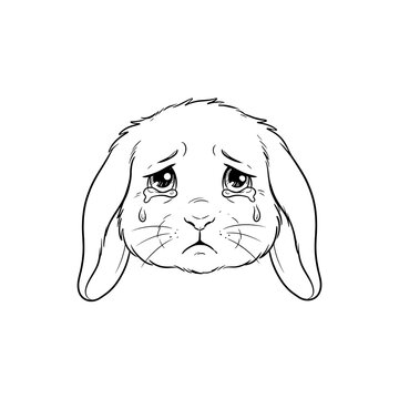 Handdrawn black and white sketch of a sad crying rabbit head with long drooping ears