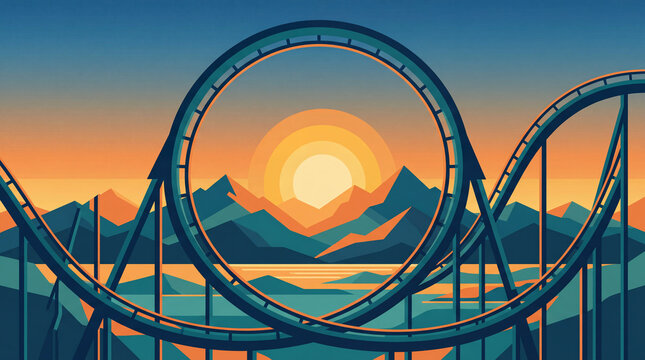 Circular Track Roller Coaster Mountain Sunset Flat Illustration